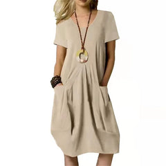 Round-neck Hot Solid Loose Pocket Design Midi Dresses