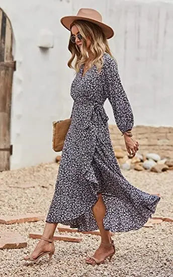 Floral Print Elegant Casual V-Neck Sun Midi Dresses