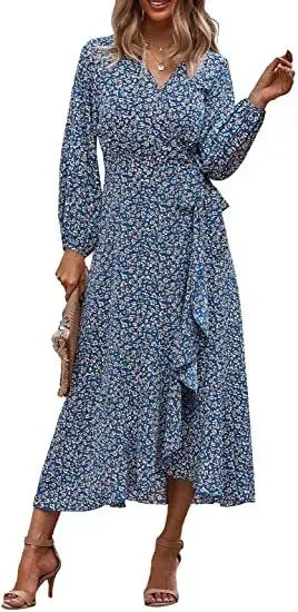 Floral Print Elegant Casual V-Neck Sun Midi Dresses