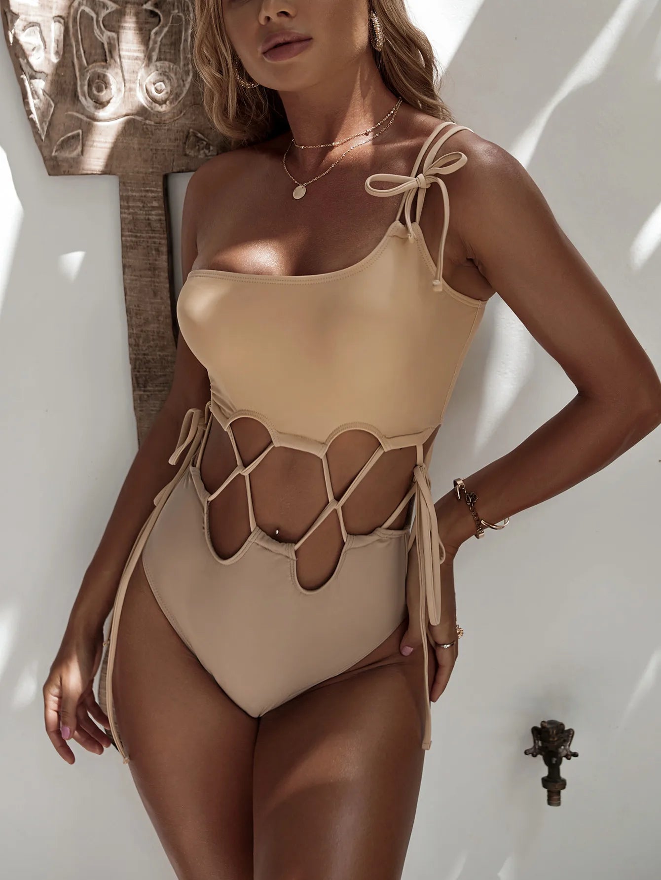 Hollow Out Drawstring One-Shoulder Basic Swimsuit