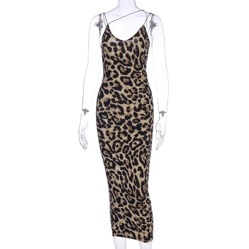 Leopard Print Sleeveless V-neck  Spring Christmas Outfits Midi Dresses