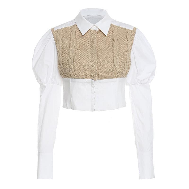 knitted twist wool stitching cotton puff sleeve shirt