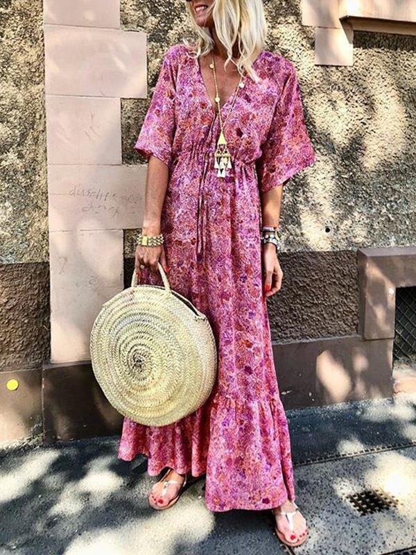 Stylish bohemia holiday floral chiffon v neck vacation dresses