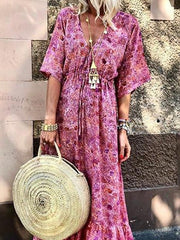 Stylish bohemia holiday floral chiffon v neck vacation dresses