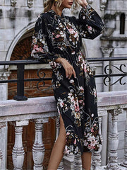 Stylish Casual Floral print Round neck Long sleeve Skater Dresses