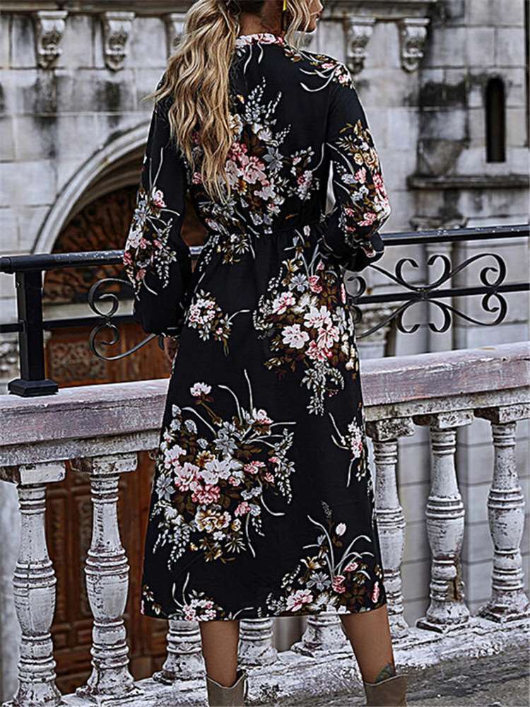 Stylish Casual Floral print Round neck Long sleeve Skater Dresses