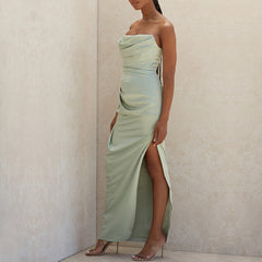 Satin Bandeau Backless Split Dress