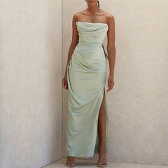 Satin Bandeau Backless Split Dress