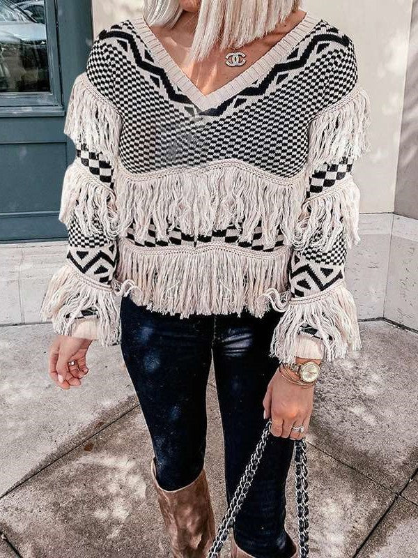 Stripe Gored Macrame V neck Long sleeve Knit Sweaters