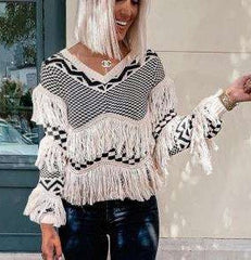 Stripe Gored Macrame V neck Long sleeve Knit Sweaters