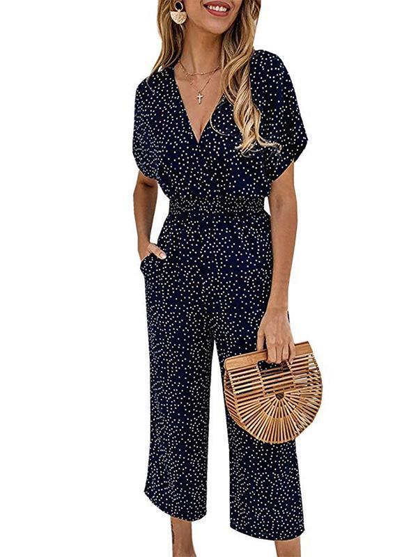 Fashion Wave Pot V Neck Short Sleeve Jumpsuits