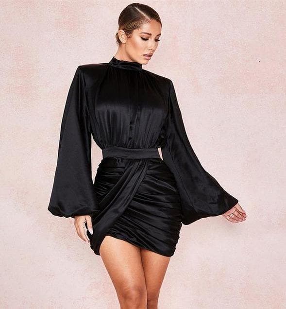 black high collar lantern sleeve pleated dress