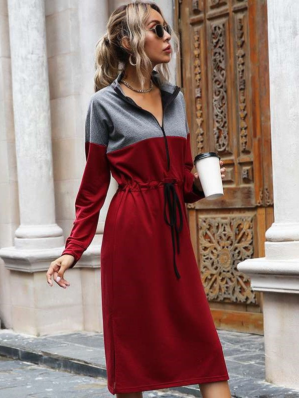 Stylish Gored Stand collar Long sleeve Lacing Skater Dresses