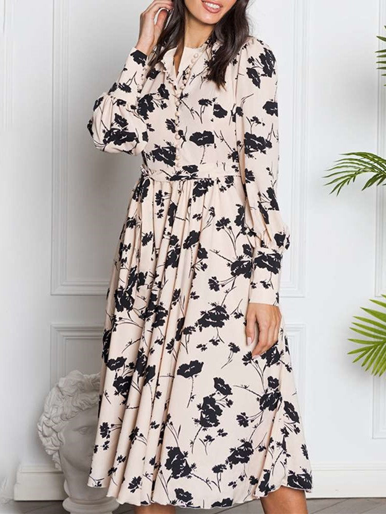 Stylish Elegent Retro Floral print Round neck Long sleeve Maxi Dresses