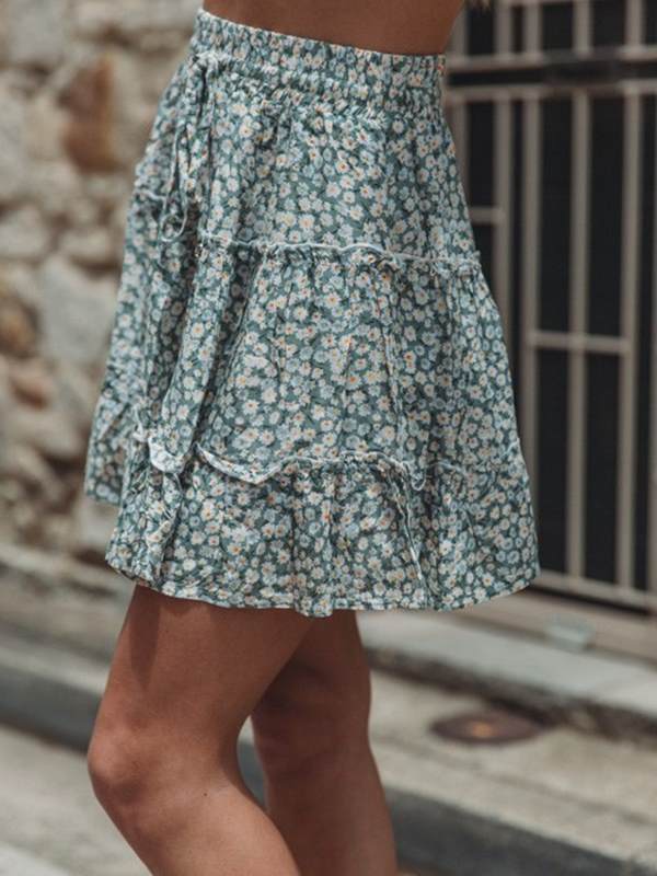 High waist flounce skirt with floral print a-line beach skirt