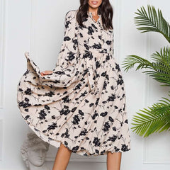Stylish Elegent Retro Floral print Round neck Long sleeve Maxi Dresses