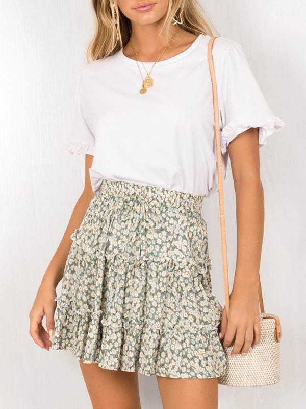 High waist flounce skirt with floral print a-line beach skirt