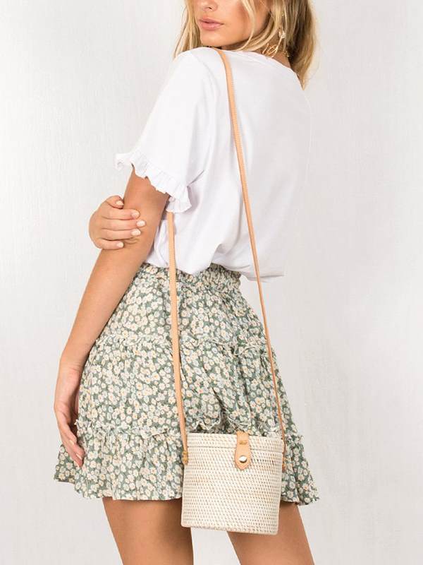 High waist flounce skirt with floral print a-line beach skirt