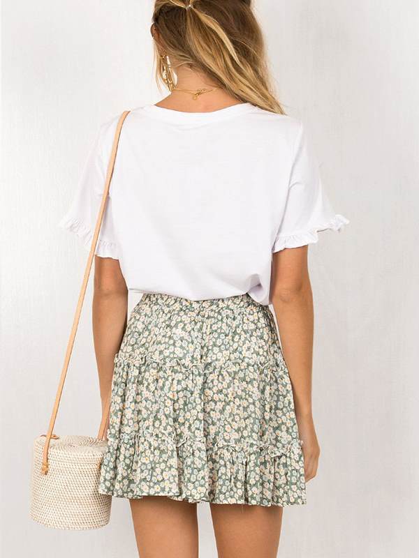 High waist flounce skirt with floral print a-line beach skirt