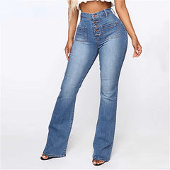 High Waist Elastic Jeans Button Washed Denim Pants Femme Pocke