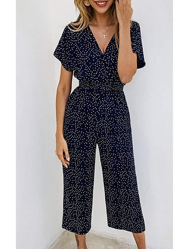 Fashion Wave Pot V Neck Short Sleeve Jumpsuits