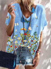 Summer butterfly printed women v neck short sleeve T-shirts