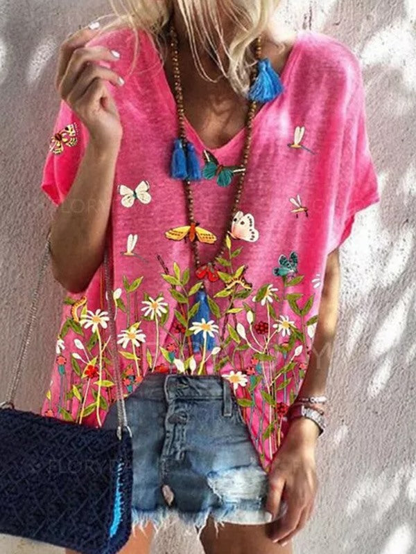 Summer butterfly printed women v neck short sleeve T-shirts