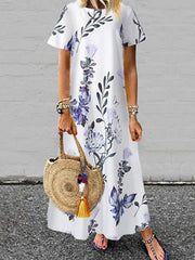 Floral women printed short sleev round neck maxi dresses