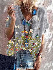 Summer butterfly printed women v neck short sleeve T-shirts