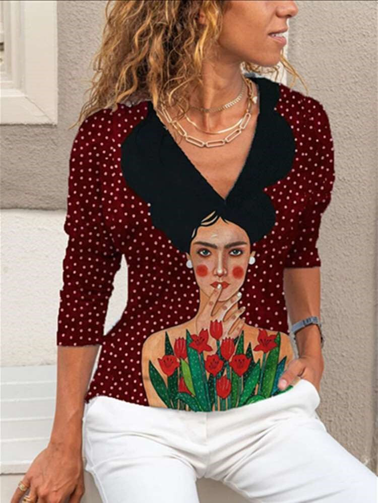 Stylish Portrait print Lapel Long sleeve Blouses