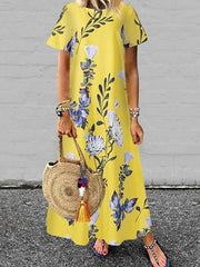 Floral women printed short sleev round neck maxi dresses