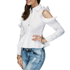 Stylish Pure Falbala Off shoulder Falbala Lapel Long sleeve Blouses