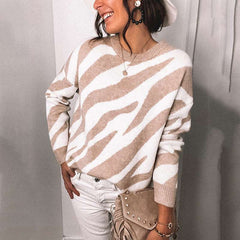 Fashion Stripe print Round neck Long sleeve Knit  Sweaters