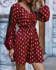 Stylish Point print V neck Grenadine Gored Long sleeve Skater Dresses