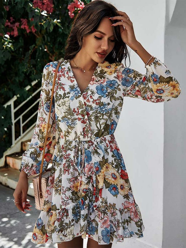 Stylish Floral print V neck Long sleeve Skater Dresses