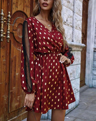 Stylish Point print V neck Grenadine Gored Long sleeve Skater Dresses