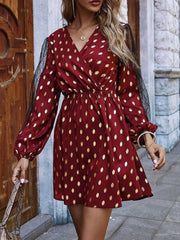 Stylish Point print V neck Grenadine Gored Long sleeve Skater Dresses