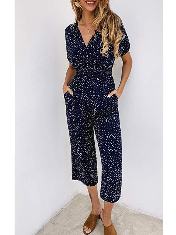 Fashion Wave Pot V Neck Short Sleeve Jumpsuits