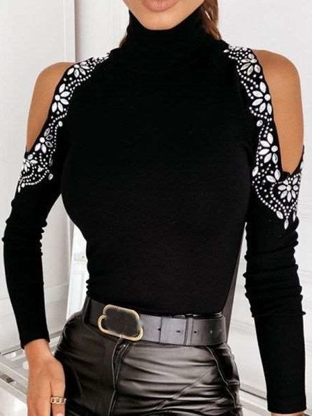 Fashion Sexy Hot drilling Off shoulder High collar Long sleeve Knit Sweaters