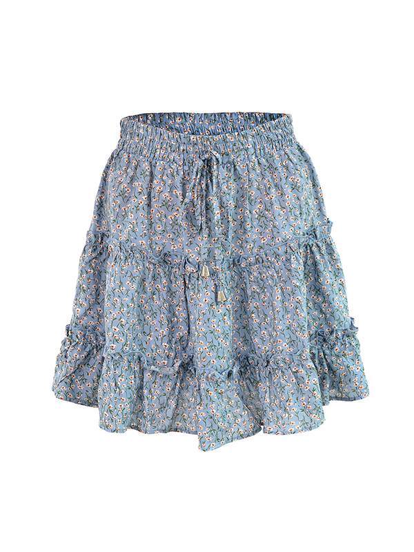 High waist flounce skirt with floral print a-line beach skirt