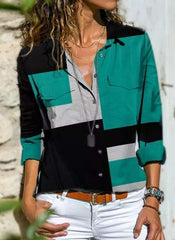 Stylish Gored Retro print Lapel Long sleeve Blouses