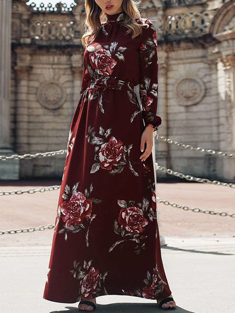 Stylish Floral print High collar Long sleeve Skater Maxi Dresses
