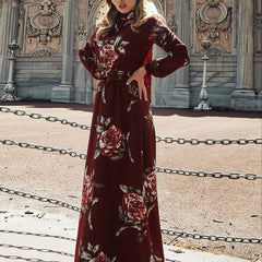 Stylish Floral print High collar Long sleeve Skater Maxi Dresses