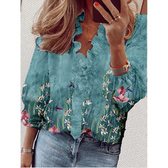 Stylish Floral print Stringy selvedge V neck Long sleeve Blouses