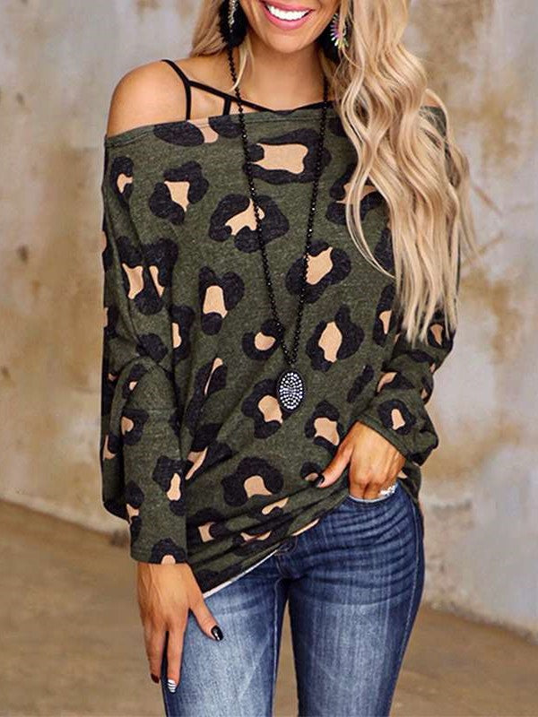 Stylish Retro print One shoulder Long sleeve T-Shirts
