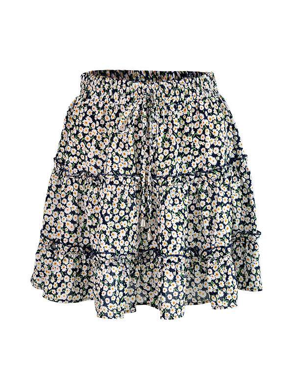 High waist flounce skirt with floral print a-line beach skirt