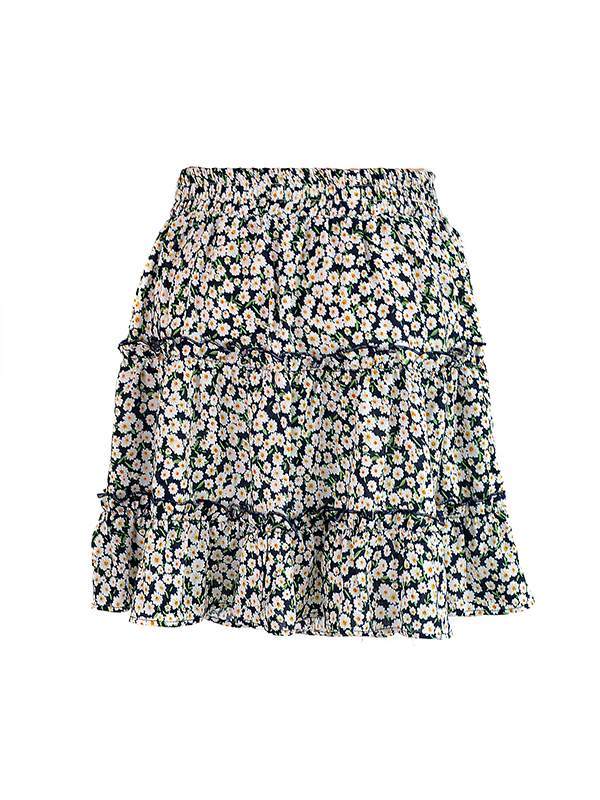 High waist flounce skirt with floral print a-line beach skirt