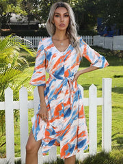 Fashion Tie-dyed V neck Half sleeve Lacing Fastener Skater Dresses