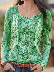 Stylish Retro print Round neck Long sleeve T-Shirts