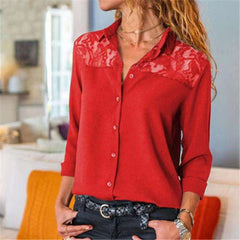 Stylish pure Lace gored Lapel Long sleeve Blouses